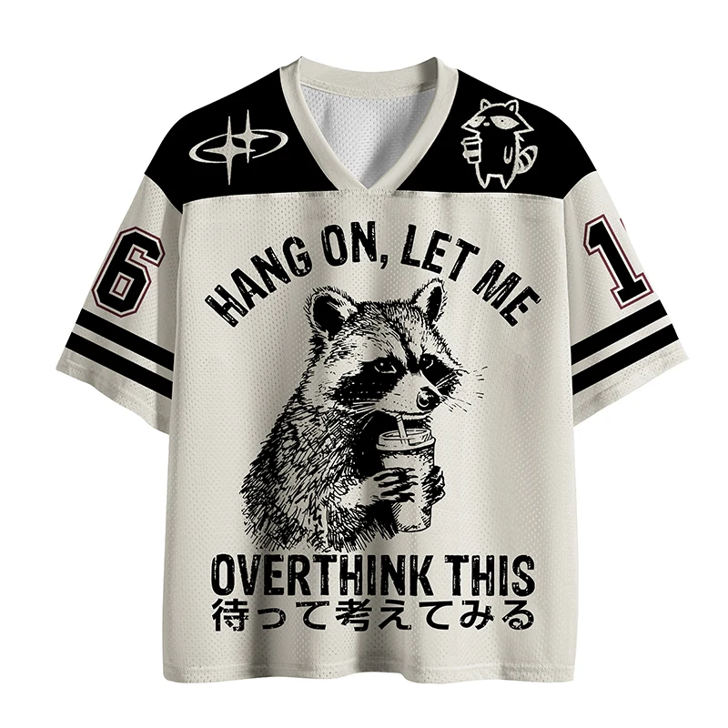 Unisex 3D Print V Neck Sports Jersey, Quick Dry Mesh Short Sleeve Tee, Vintage Raccoon Graphic Loose Streetwear Casual T-shirt