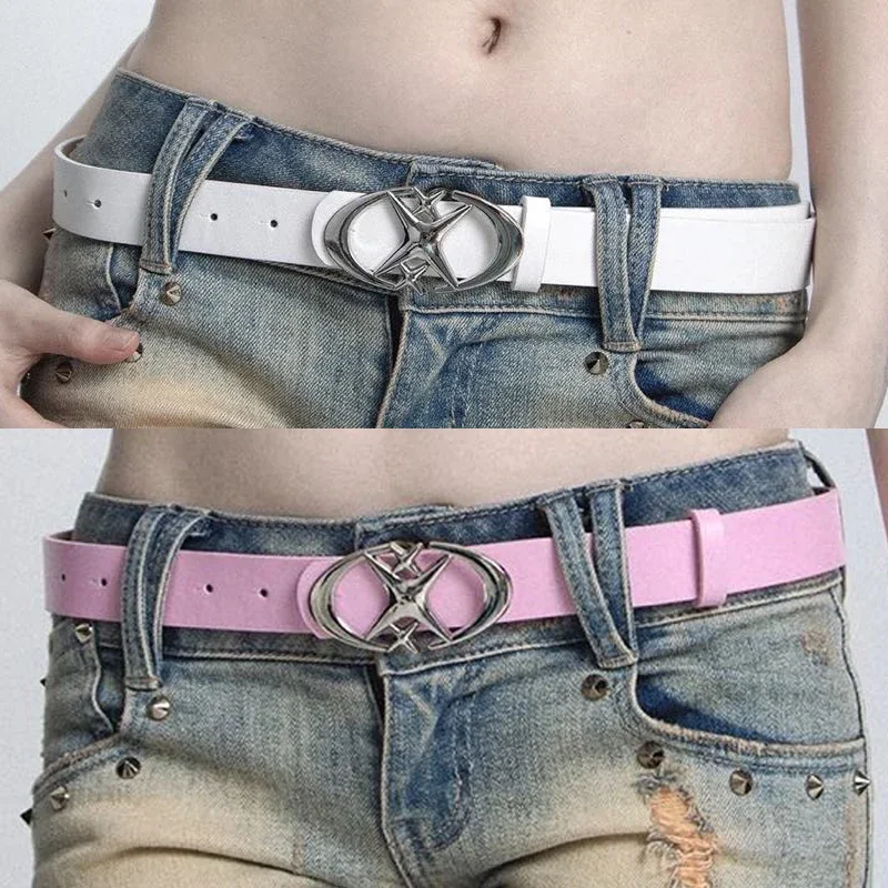 Fashion Spicy Girl Pink PU Leather Belt Metal Punk Cross Buckle Moon Star Buckle Belt Waistband Women Y2K Versatile Decoration