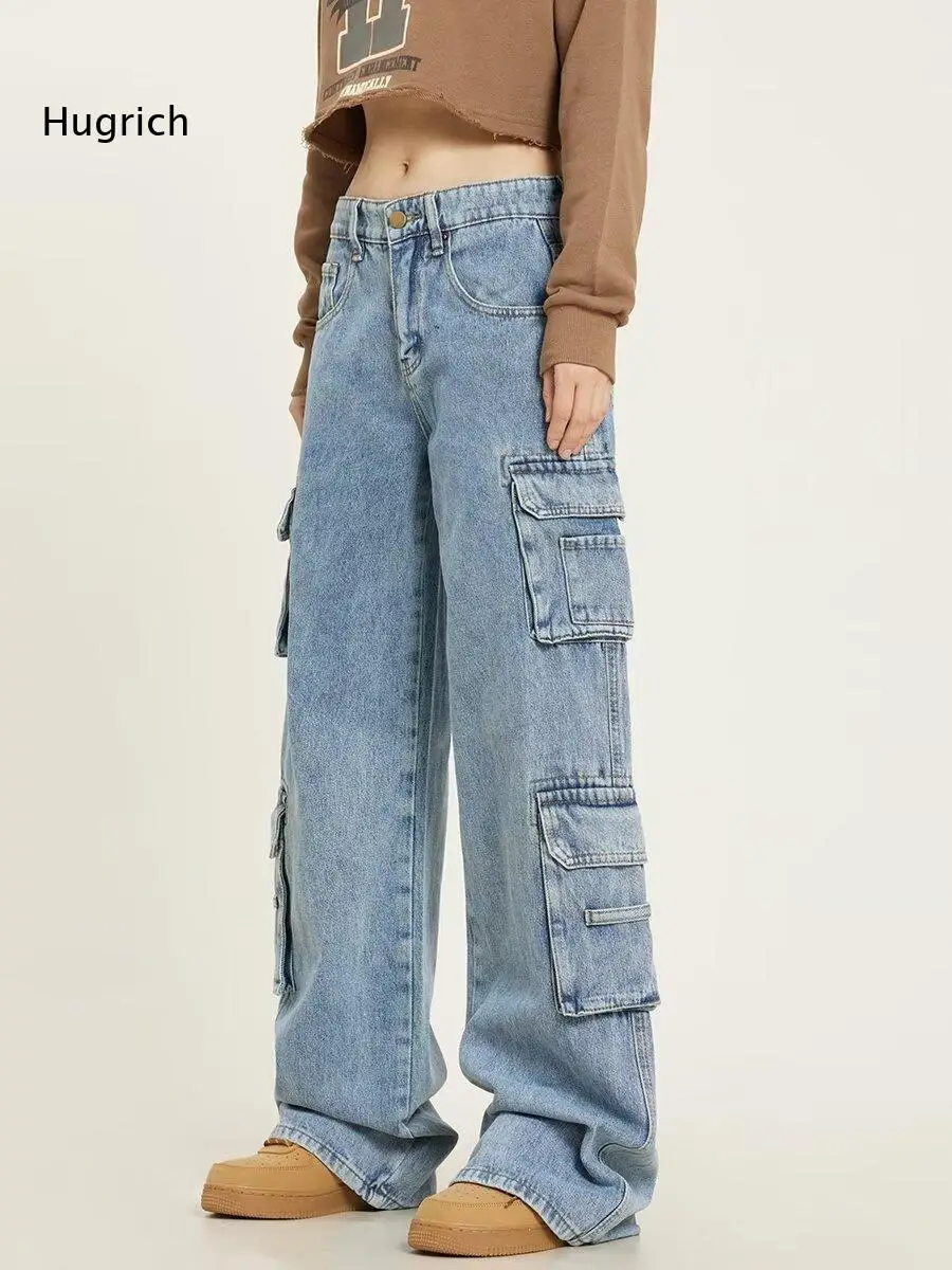 Men Wide Leg Cargo Denim Jeans Multiple Side Pockets Button Zipper Fly Loose Long Pants For Urban Street Daily Casual Style