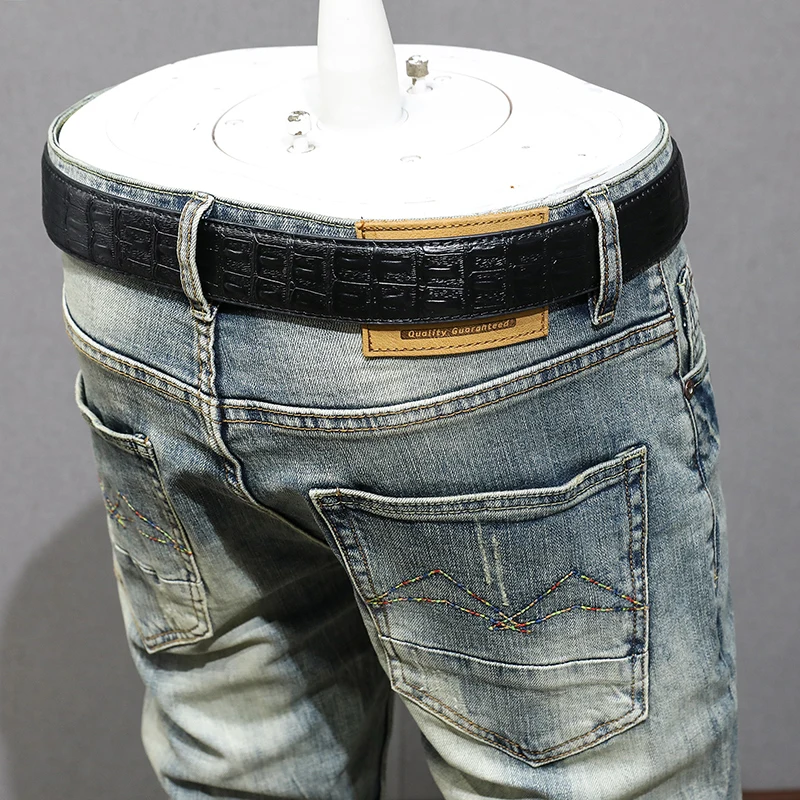 Italian Style Fashion Men Jeans High Quality Retro Washed Blue Stretch Slim Fit Ripped Jeans Men Vintage Designer Denim Pants