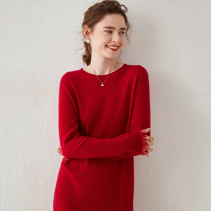 Spring Autumn Women Dress Longer Dress Cashmere Knitted Jumpers 2024 New Fashion Soft O-Neck Winter Knit Female Mid-calf Pullove