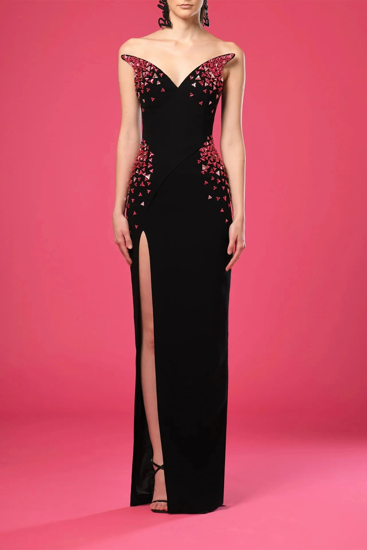 Women' Black Jersey A-line Floor Length Evening Dress Fashion Crystal Sleeveless Strapless Party Dress Prom Gowns Customized