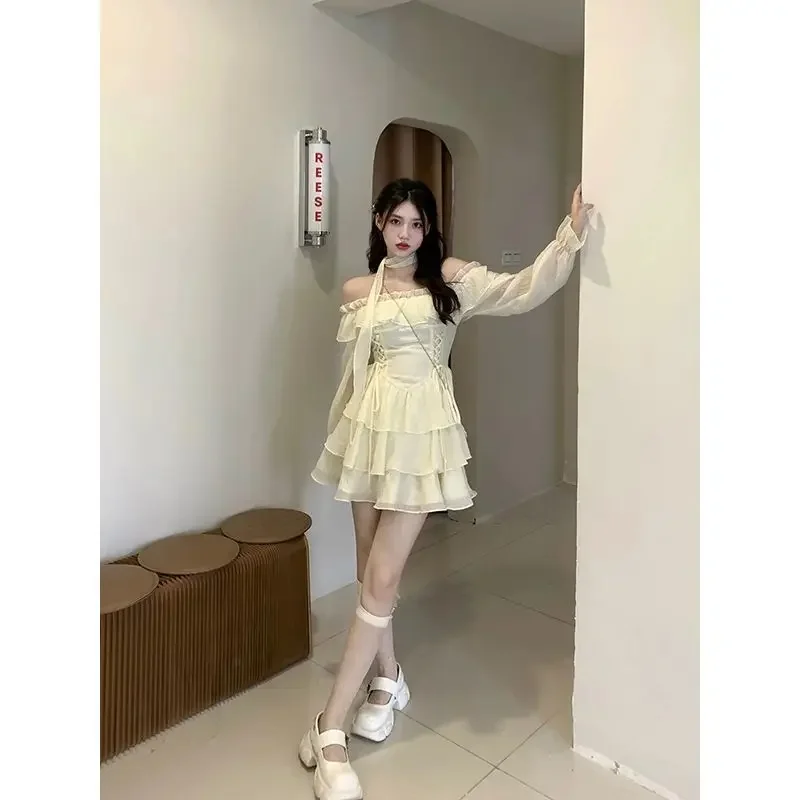 Langärmliges elegantes Mini kleid Lolita reine Farbe kurzes Party kleid Frau lässig süßes einteiliges Kleid koreanische Mode