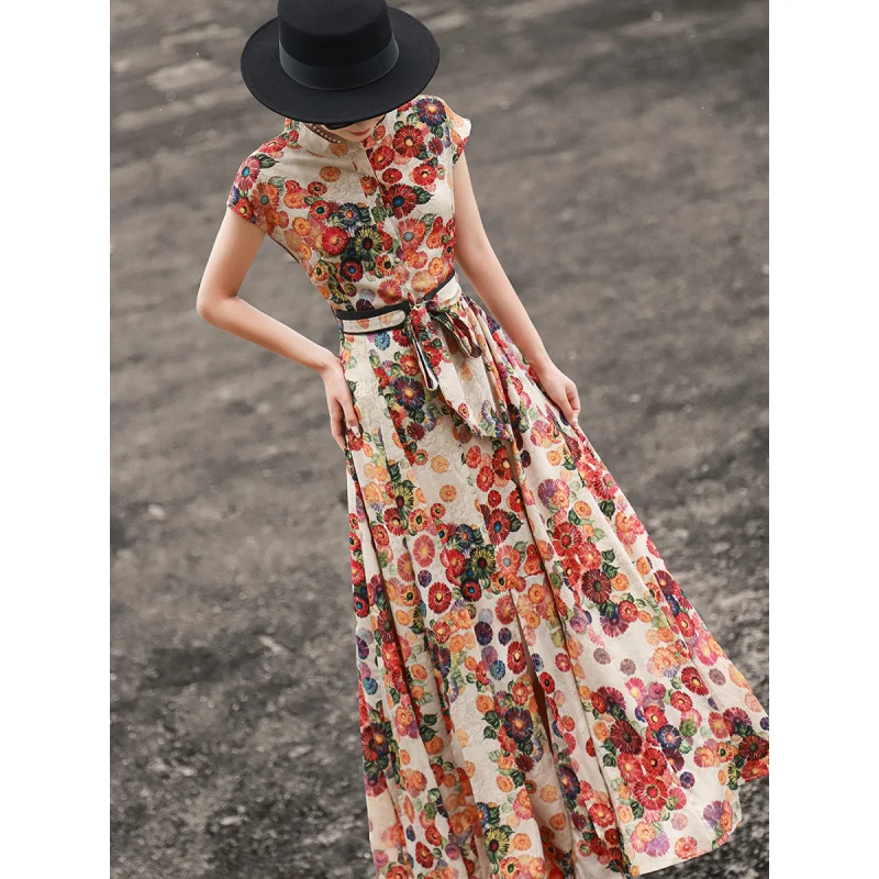 

MEXCOCO 2026 New Summer New Chinese Mandarin Collar Cap Sleeve Belted Waist Floral Print Side Slit Flowy Maxi Dress