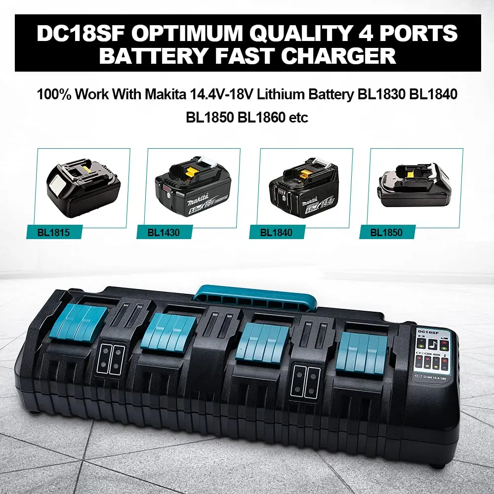 

4-Port Fast Charger For Makita 14.4-18V LXT Lithium‑Ion Battery Charger Station with 2 USB Ports 8/12A Power Tool Rapid Charging