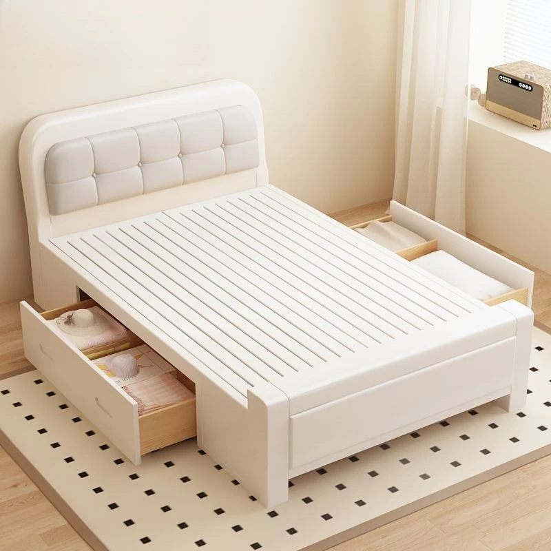 سرير بسيط من الخشب الصلب 1 م 1.2 متر، سرير صغير فردي أبيض كريمي للرياح شقة صغيرة بسيطة للأطفال سرير ناعم مستلق ثاني #3