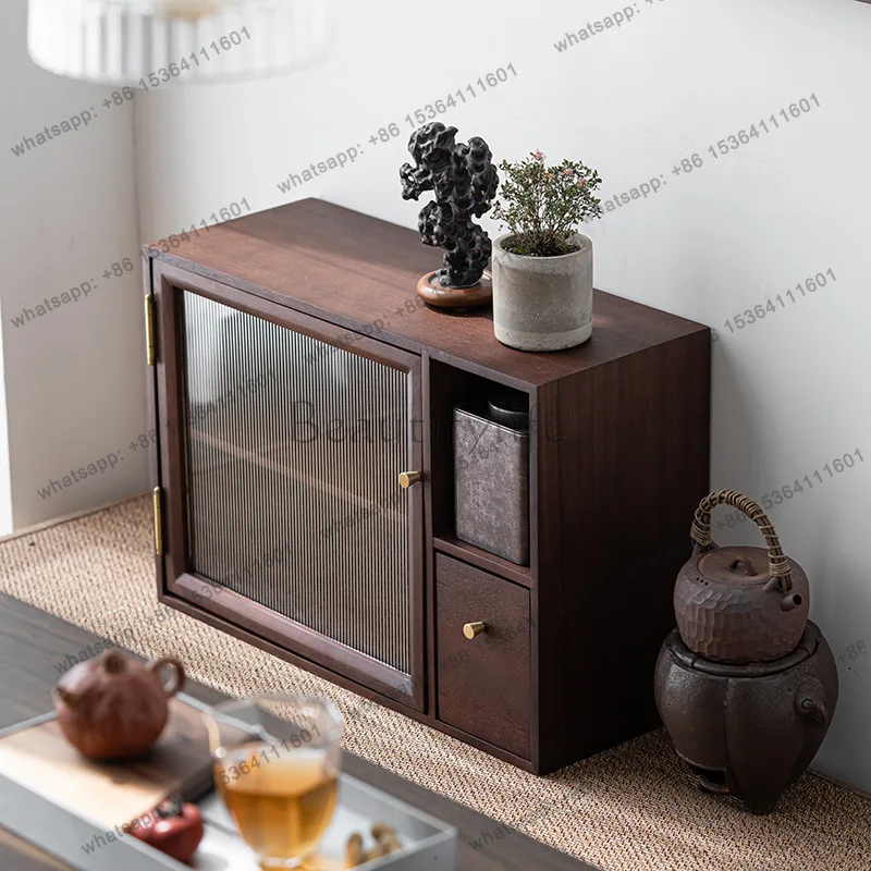 Walnut storage cabinet, dining side cabinet, tea set, storage, living room, household shelf, desktop dust-proof teacup cabinet