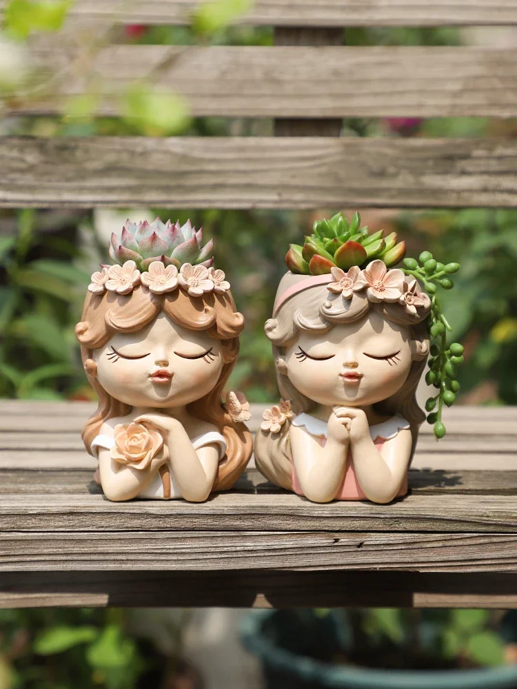 Cute Girl Planter for Succulents Plants Resin Flower Pot Fairy Garden Ornament Decorative Figurines Home Tabletop Decor