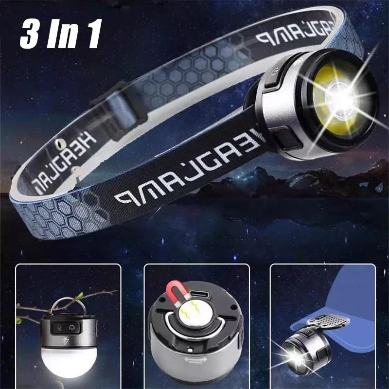 LED Headlamp Hat Clip Light USB Rechargeable Camping Light Waterproof Headlight with Strong Magnet COB Warning Light Lantern