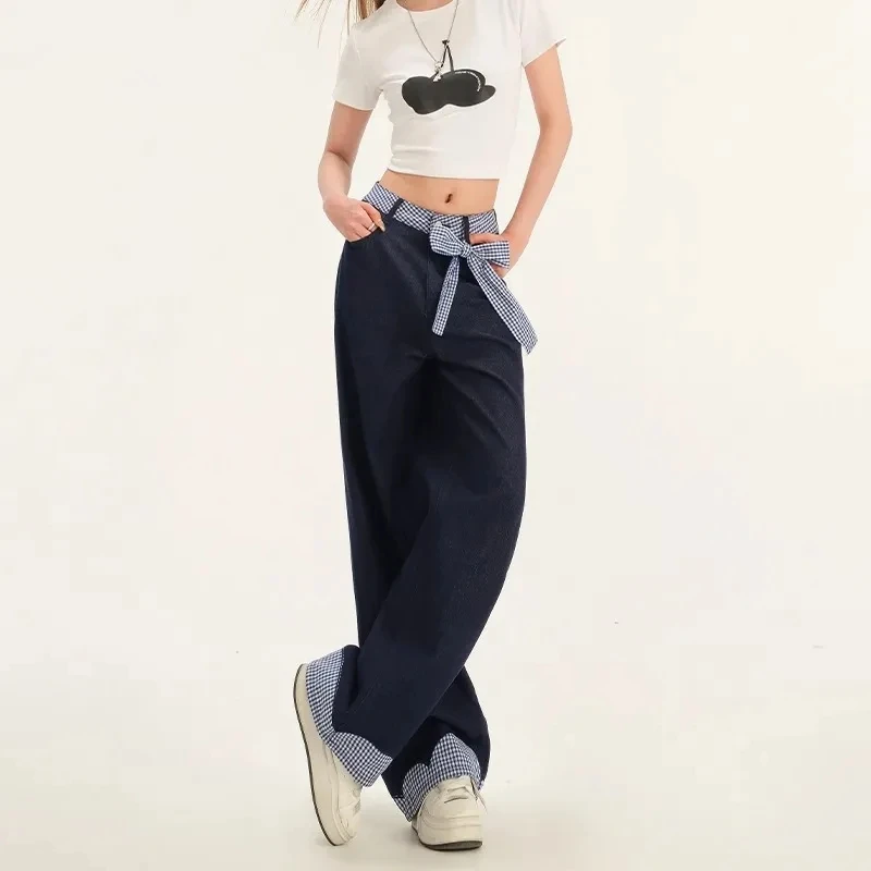 Y2K Women's Bow-Tie Belt Plaid Patchwork Jeans Loose Fit Wide Leg Winter Slimming Straight Casual Fashion Pants