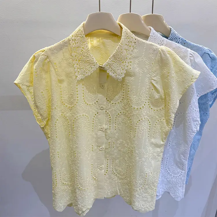 

Ele Hollow out Lace ort Sve irt Женский летний новый топ с вышивкой для похудения, модная корейская блузка