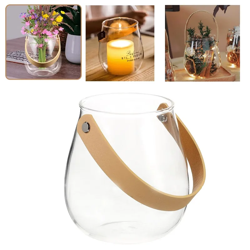 Nordic Kreative Hydrokultur Vase Glas Minimalistischen Leder Handheld Obst Korb Getrocknete Süßigkeiten Korb Hause Wohnzimmer Vase