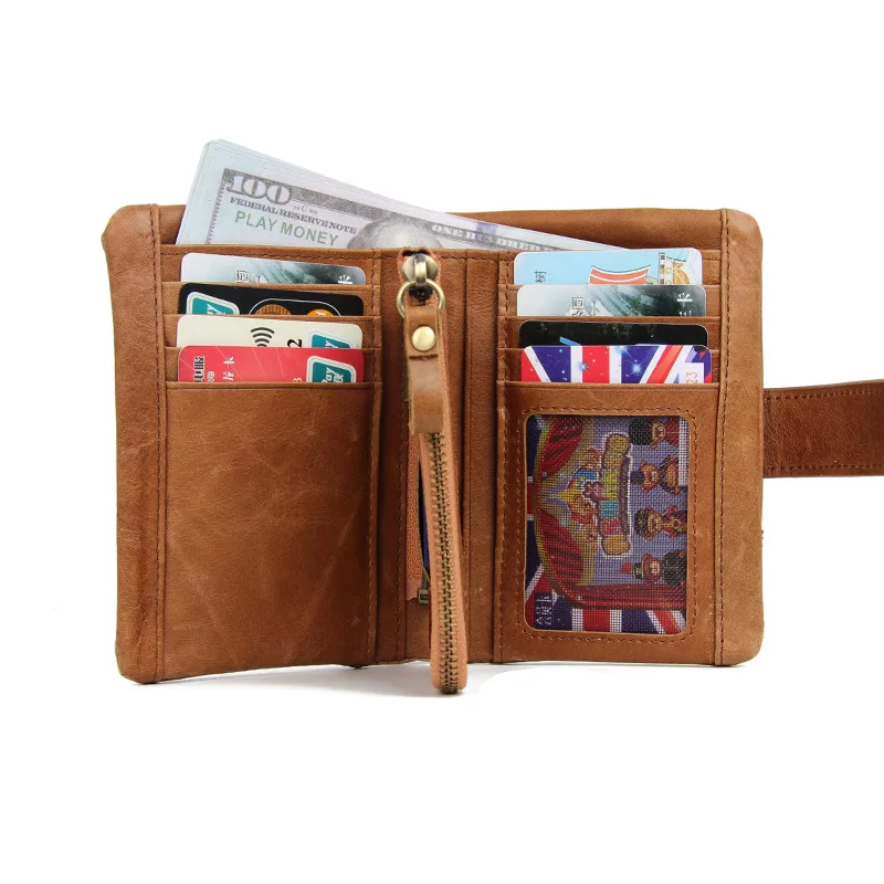 Crazy Horse Leather First Layer Cowhide RFID Men's Folding Wallet Short Multi-function Multi-Card Strap Leather Wallet