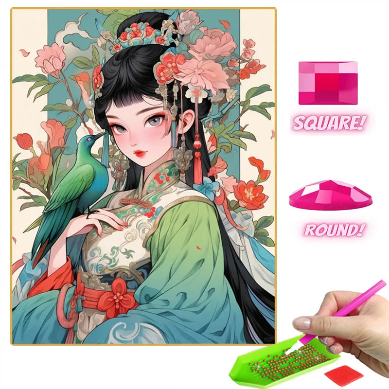 Diamond Painting New 2024 Chinese Ancient Style Girl Mosaic Color Parrot Embroidery Cross Stitch Set Home Decor Cartoon Art Gift