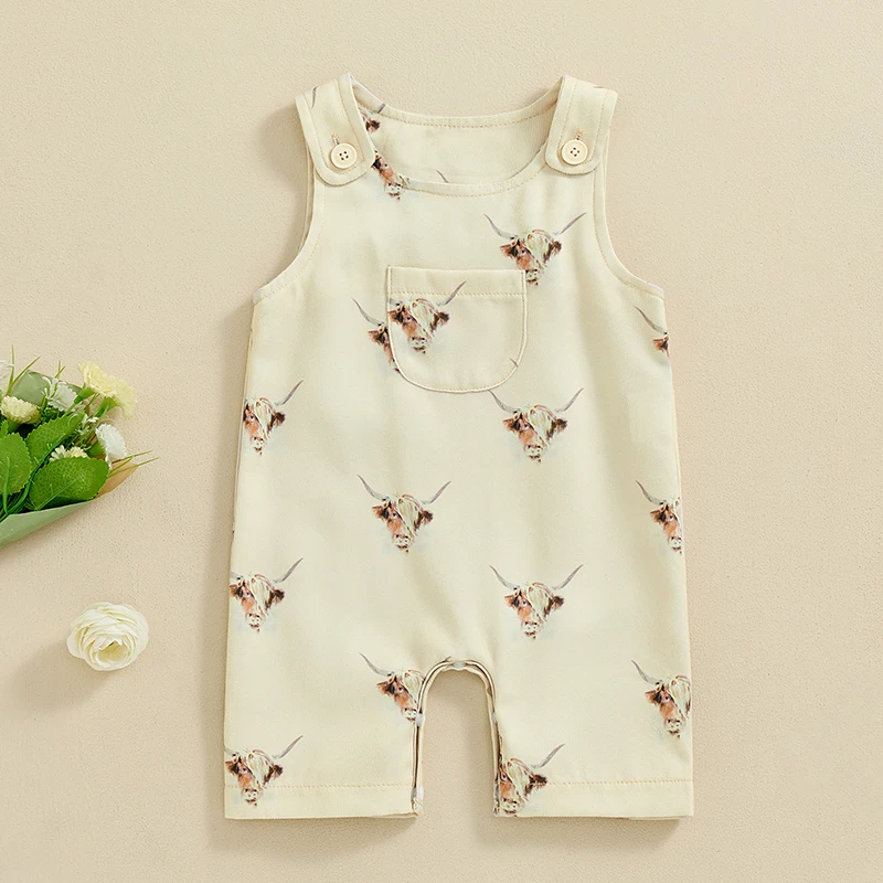 

2024-04-26 Lioraitiin Baby Boys Summer Overalls Romper Casual Highland Cow Print Sleeveless Jumpsuit for Toddler Cute Clothes