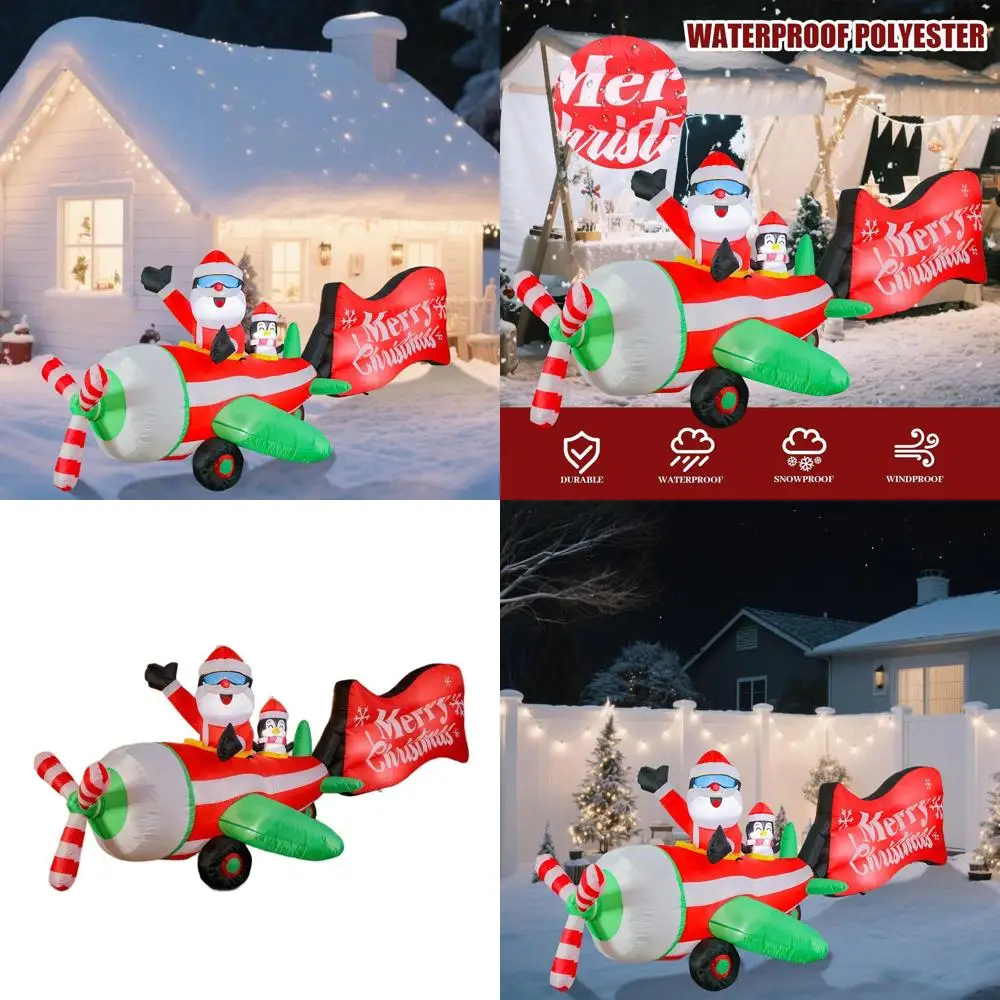 

10.5ft Animated Airplane Santa & Penguin Inflatable, Rotating Propeller, LED Lighted Outdoor Christmas Decor