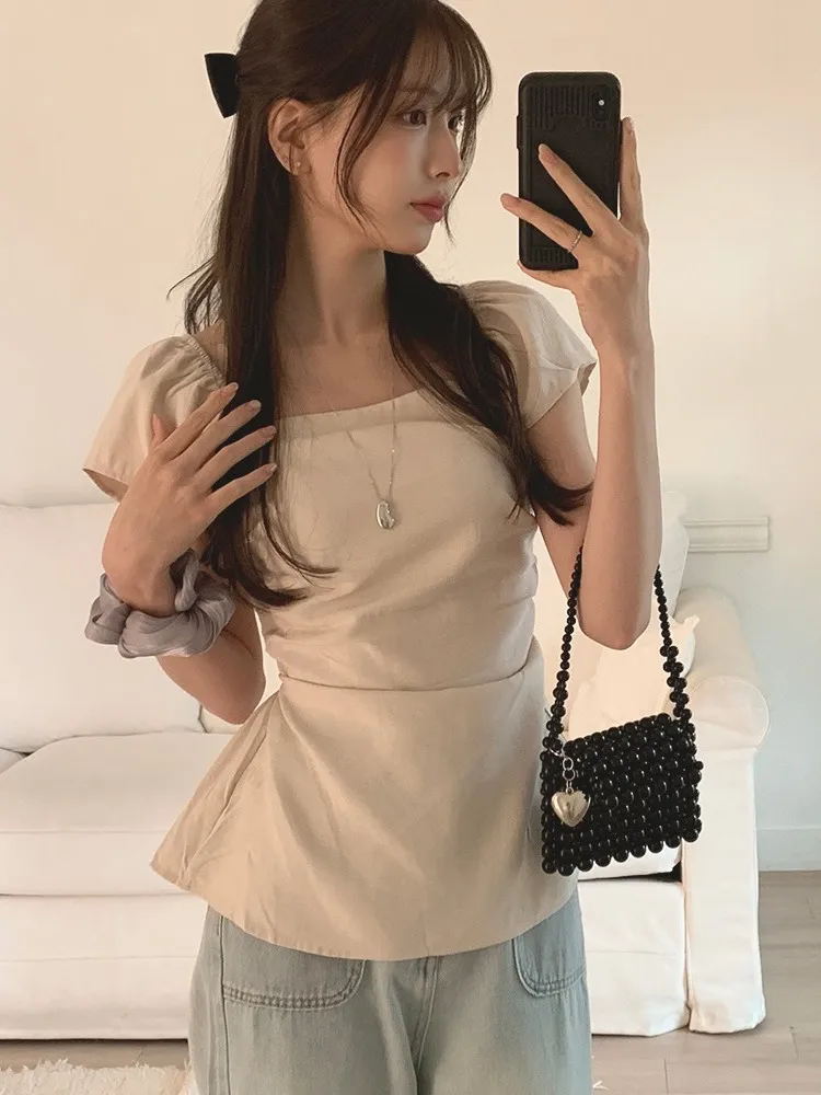

Sweet Chic oulder Bared irt Women's Slim Fit Korean Sle Tea Aroma Top Trendy Waist Inward Design Summer New Arrival