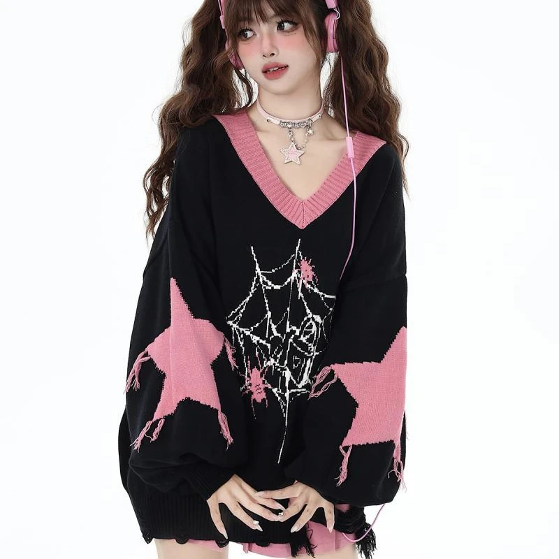 Autumn Winter New 2023 Loose Casual Women Vintage Print Y2k Star Tassel Knitted Sweaters Contrast Color Grunge V Neck Pullovers