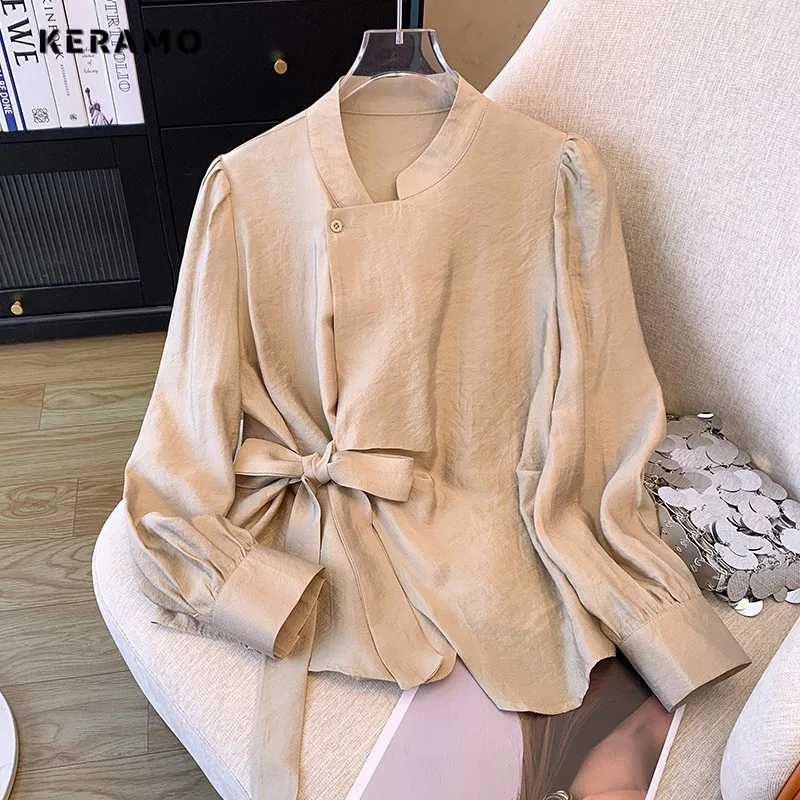 Casual Elegant Long Sleeve Round Neck Solid Color Baggy Shirts 2024 Spring Women Classic Office Lady Vintage Bow Basics Blouse