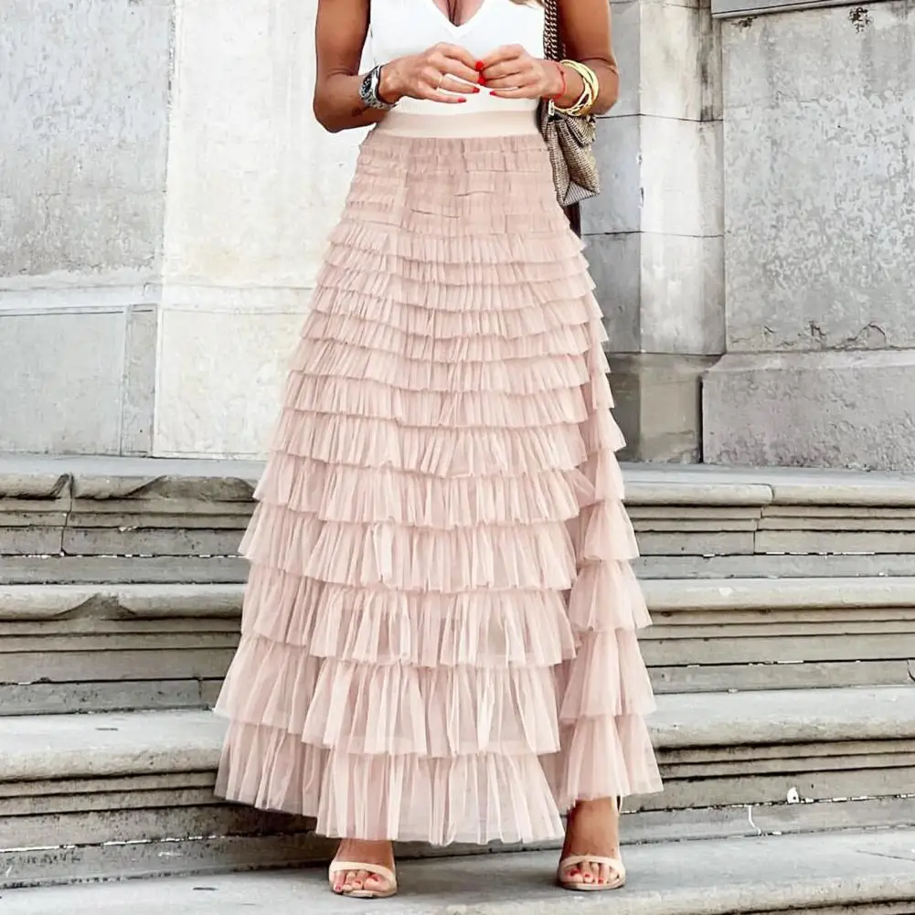 Solid Multilayer Ruffle Mesh Skirt Women Boho High Waist Long Maxi Tulle Skirt Spring Summer Party Women's Clothing