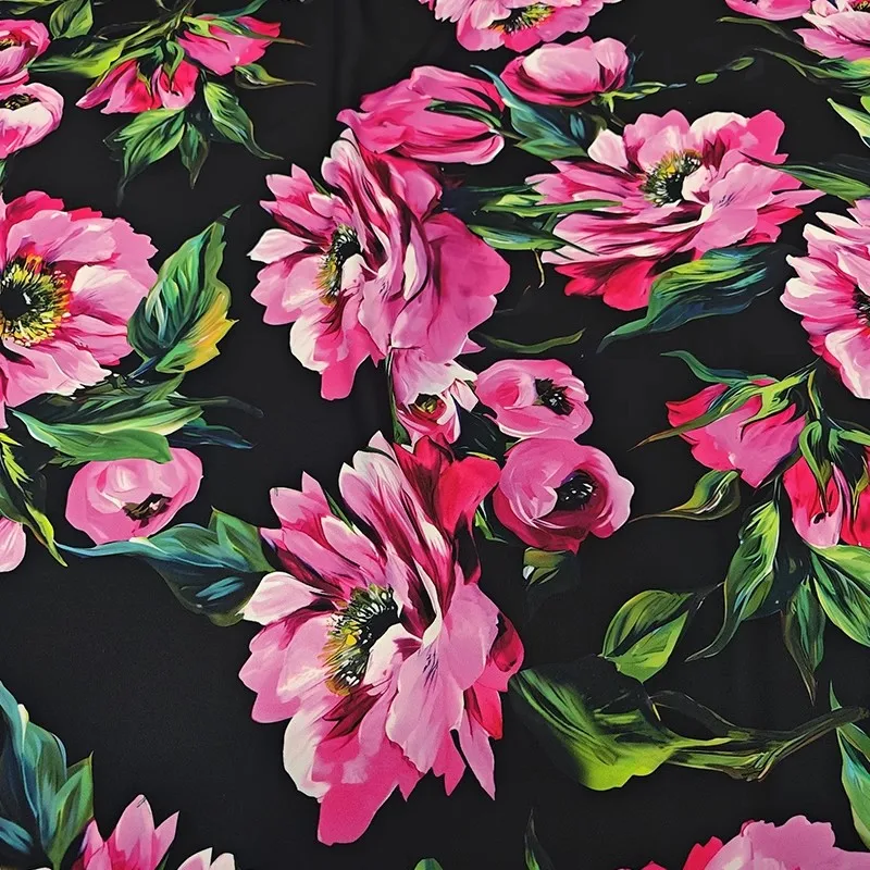

Черная основа, розовый поплин с цветочным принтом пиона, хлопок или атласная ткань для женского платья, блузка, ткань ручной работы, материал для шитья своими руками