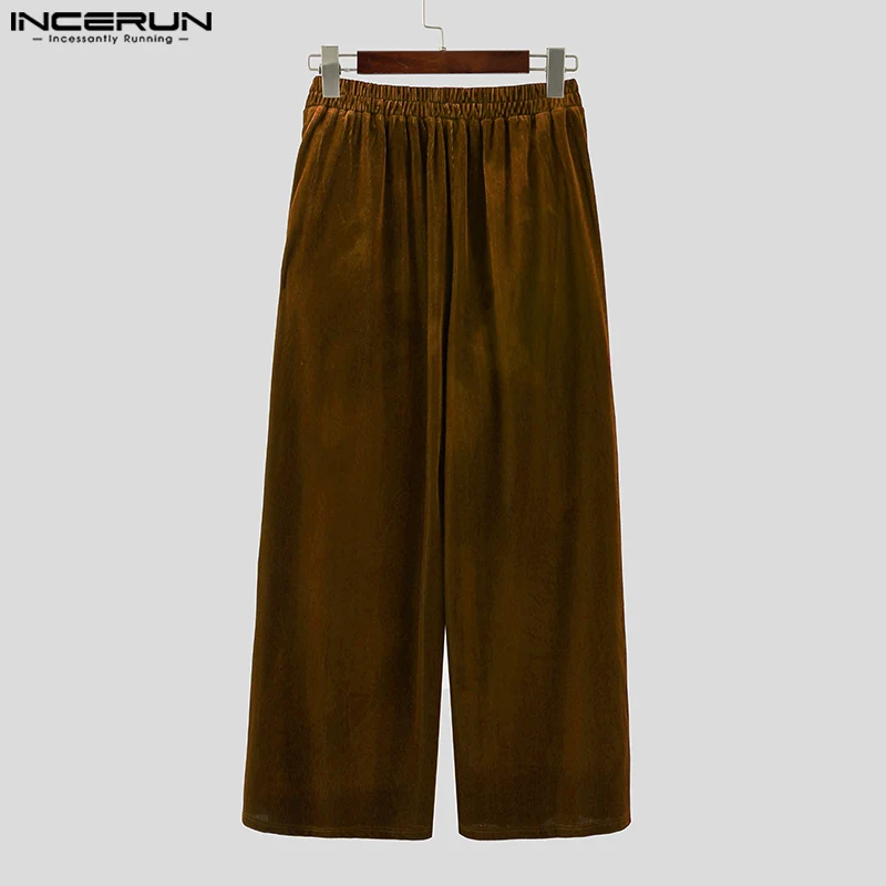 INCERUN 남성 바지 솔리드 컬러 신축성 있는 허리 조거 팬츠 러플 벨루어 바지 남성 스트리트웨어 루즈 2025 패션 캐주얼 롱 팬츠