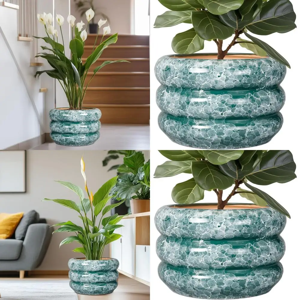 

13.5 Inch Large Round Plant Pot with Drainage Hole for Indoor and Outdoor Use - Decorative Green Planter for Garden or Bathroom