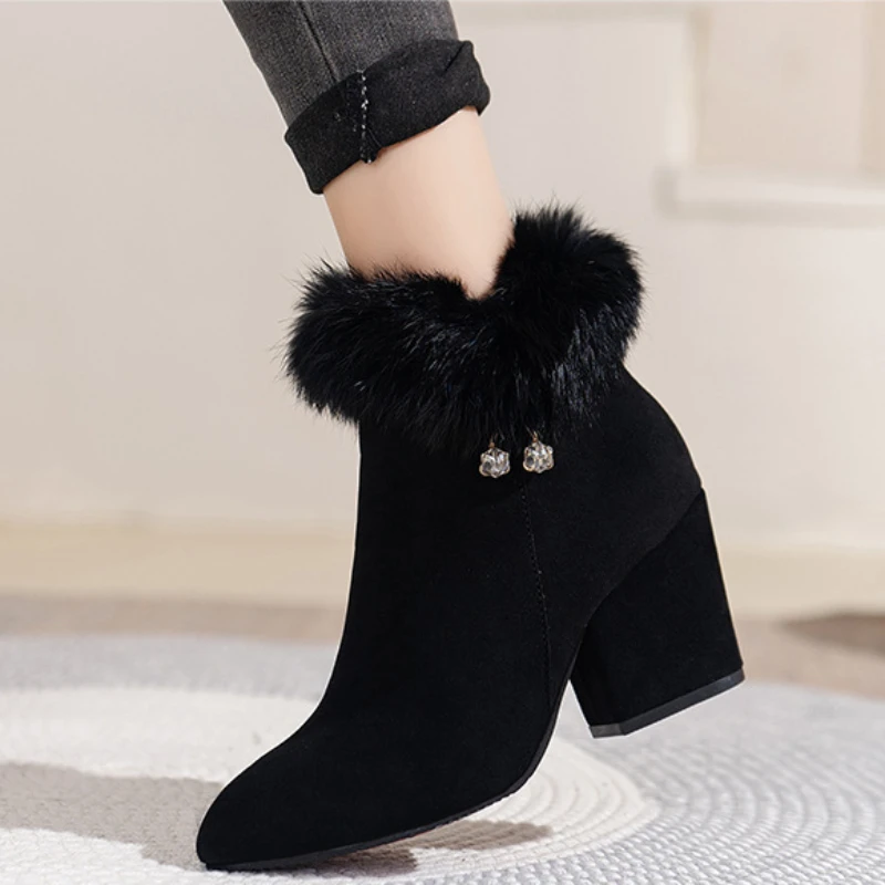 Women High Heels Shoes Platform Fur Crystal Tassels Chelsea Ankle Boots Winter 2024 New Trend Warm Short Cotton Goth Snow Boots