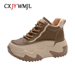 CXJYWMJL Genuine Leather Women High Top Sneakers Autumn Winter Wedgies Casual Platform Vulcanized Shoes Lace up Thick Soled Shoe