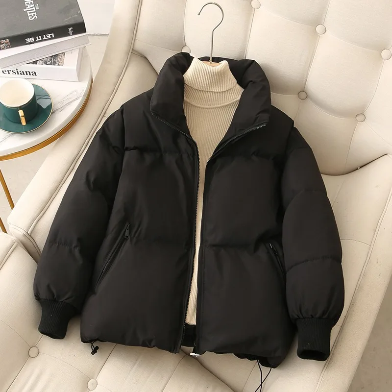 2024 new cotton-padded jacket women\'s short bread clothing thick warm solid color necked cotton winter coat Korean style