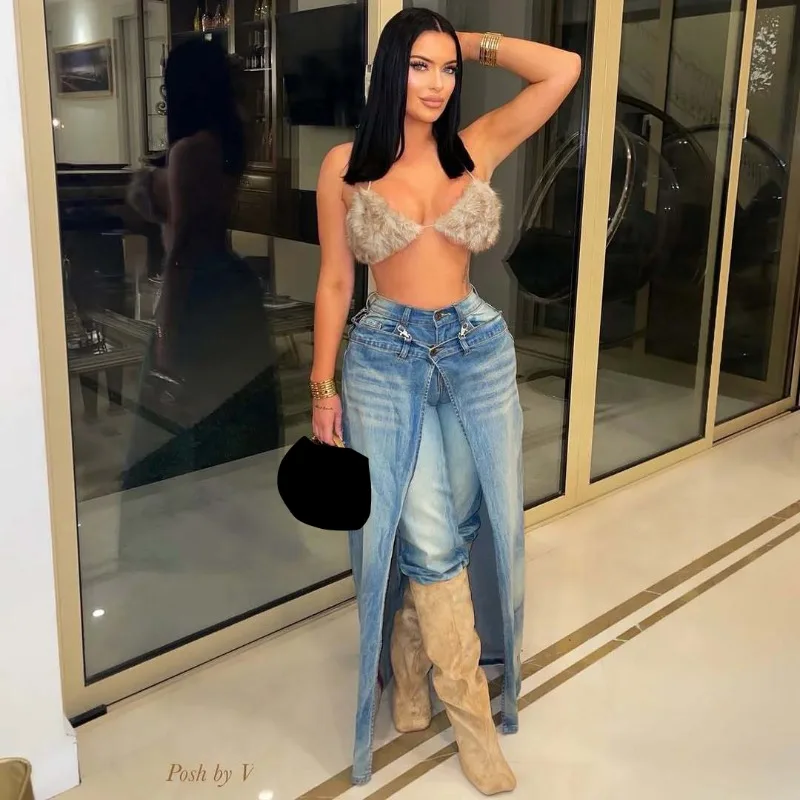 

KEXU Women's fashion denim distressed patchwork horse chestnut cut decoration loose two-piece straight leg pants