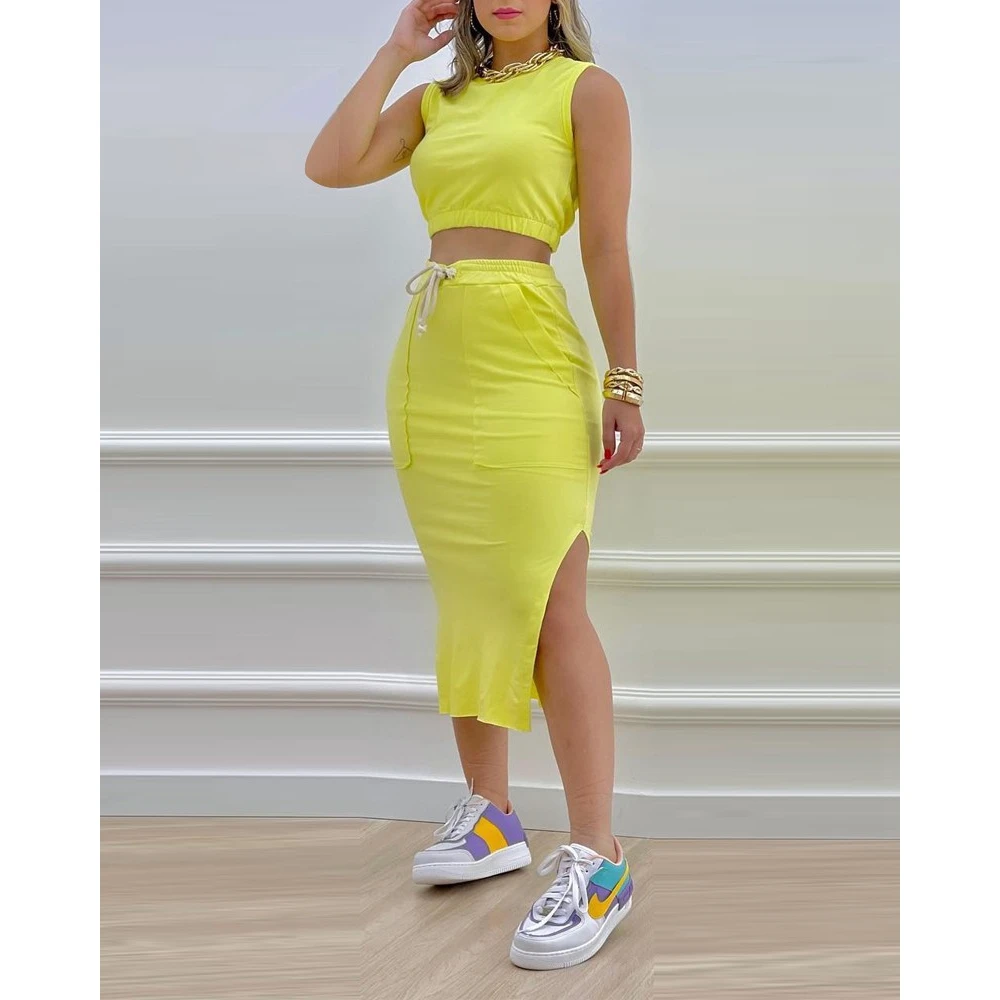 

Women's Sleeveless Crop Top and Split Hem Drawstring Skirt Set, Female Casual Maxi Skirts, Summer Outfits, 2 Pcs