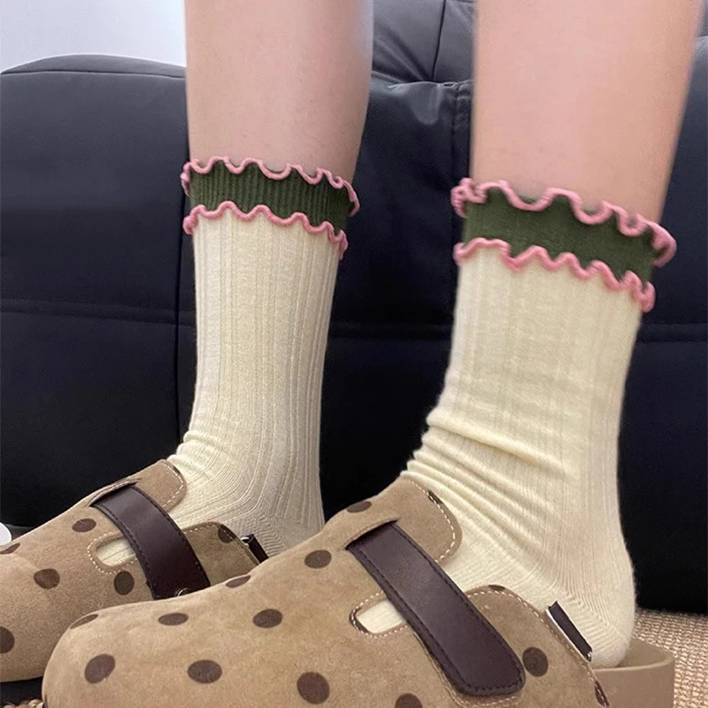 Cotton Ruffles Ankle Socks Lolita Cute Kawaii Korean Stocking Girl Spring Black White Middle Tube Sox