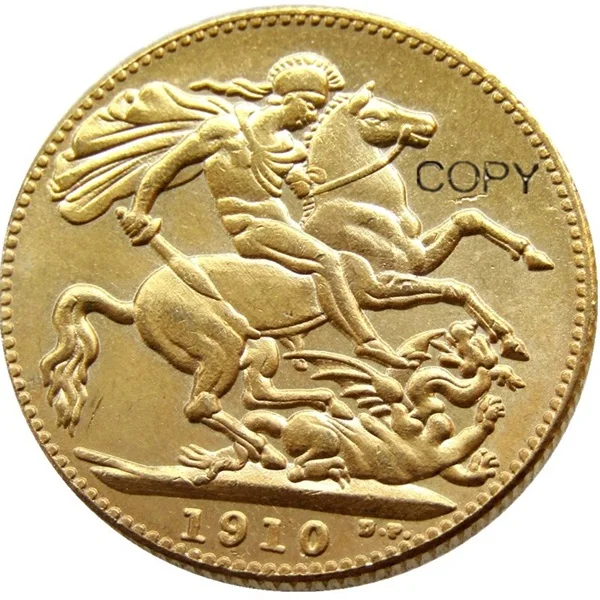 United Kingdom 1910 EDWARD VII SOVEREIGN GOLD PLATED COIN LONDON MINT LUSTER SUPERB copy coin