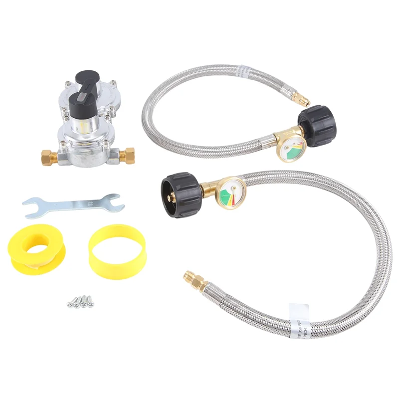 

AB61-1Set Регулятор пропана для автофургонов со шлангом Сверхмощный 2-бак 2-ступенчатый автоматический регулятор пропана LP с манометром