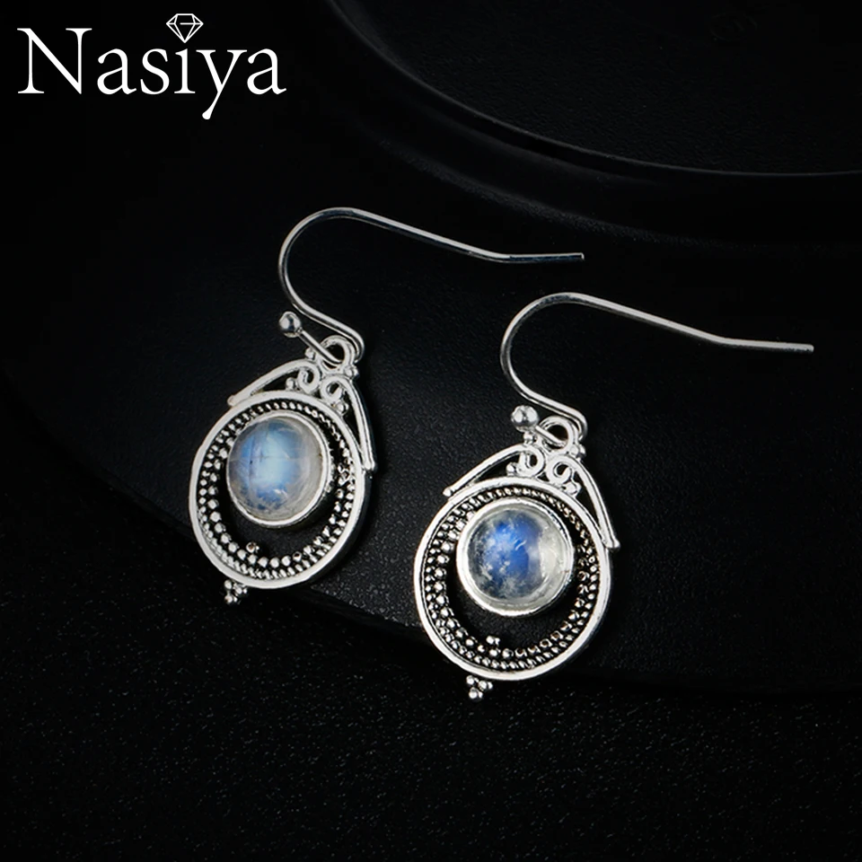 Nasiy Natural Moonstone Drop Earrings For Women Vintage Type Silver Dangle Earrings Fashion Party Jewelry