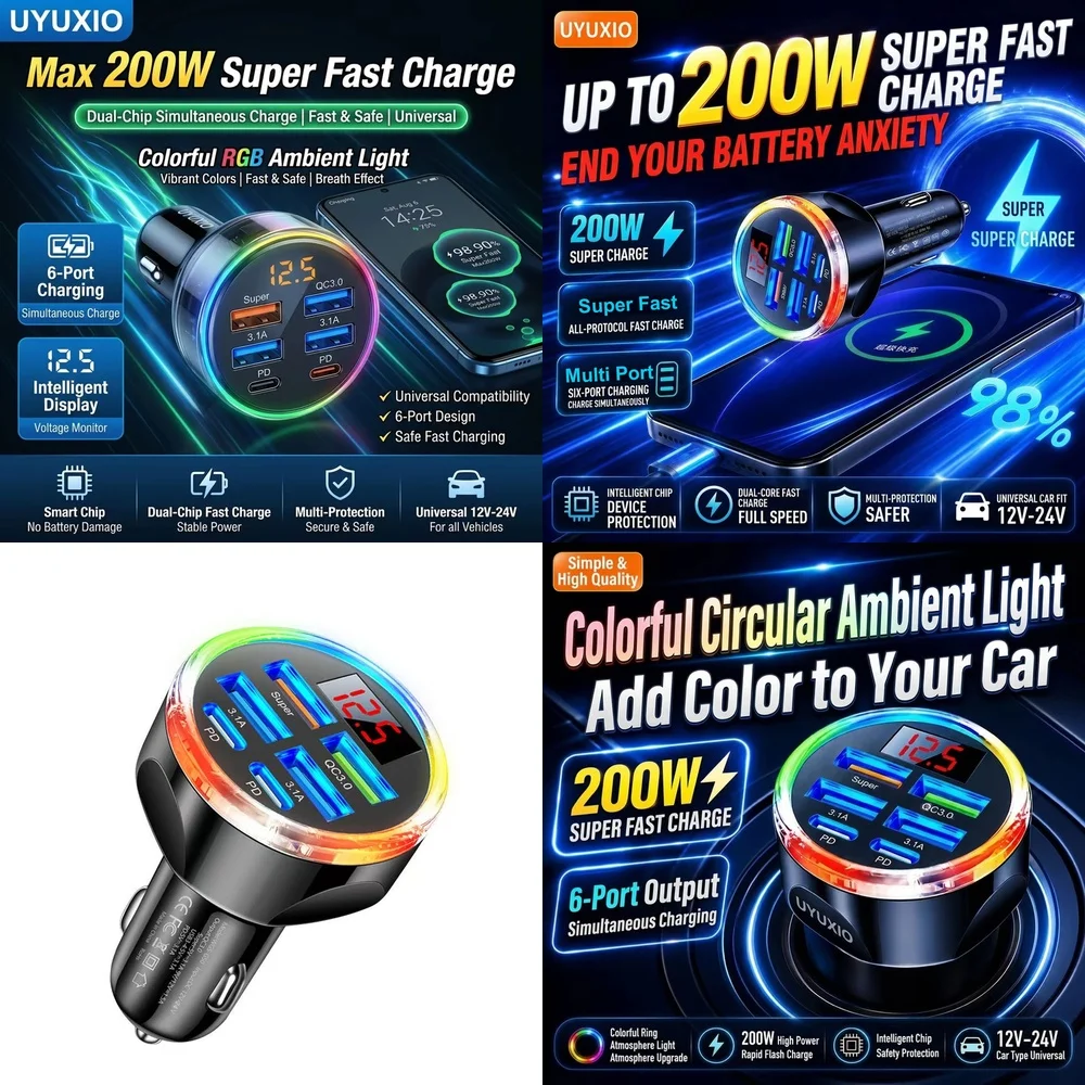 Universal 6 in 1 Car Charger Plug New Products 2026 for iPhone 18 17 16 Samsung S26 S25 S24 with LED Digital Voltage Monitor Hub