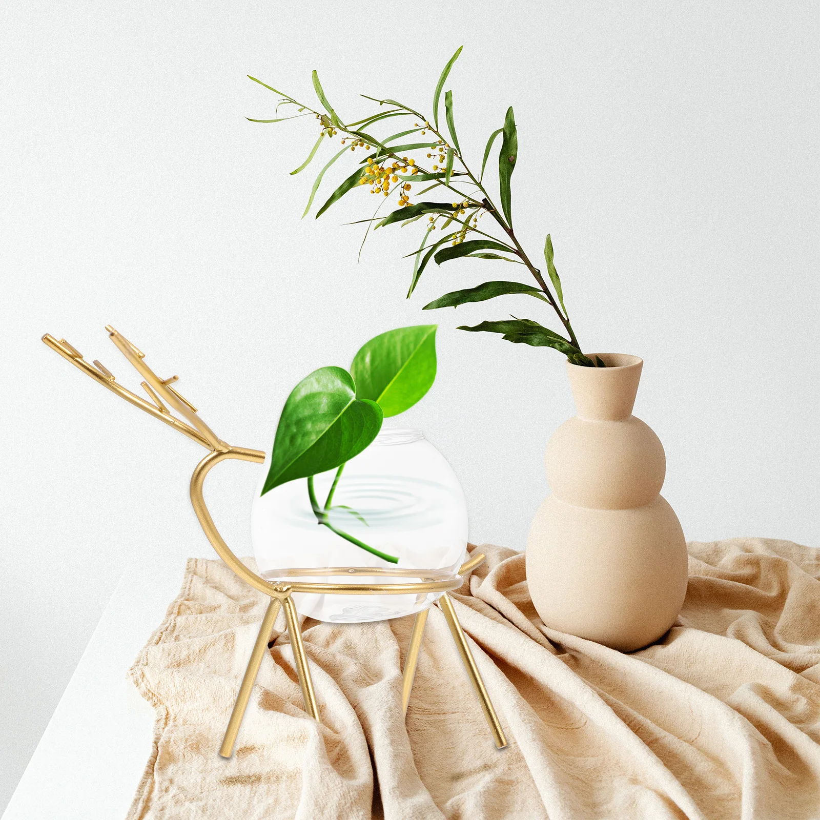 

Hydroponic Plant Vase Nordic Style Deer Design Glass Vase Iron Rack Office Desktop Flower Arrangement Home Desk Decor Ornament