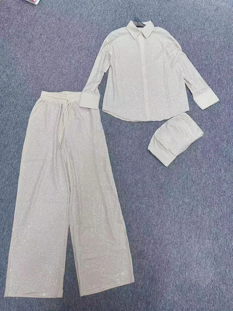 Chemise à manches longues pour dames, revers, biscuits brillant, jambe droite, pantalon, RapeÉlégant, ensemble 2 pièces, printemps, 2024