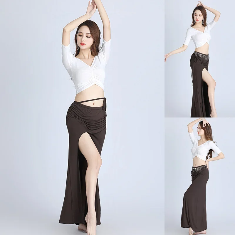 우아한 섹시 밸리 댄스 의상 여성 전문 성능 연습 양복 v 넥 탄성 맞는 탑 + 스커트 댄스 의류