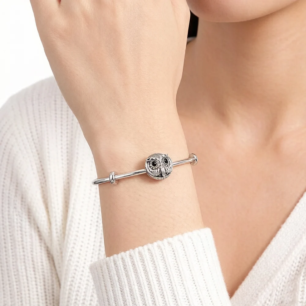 Bracelet Bangles Owl Bead Fashion Karma Jewelry Vintage Gift For Women Men,Brand New Good In 925 Sterling Silver