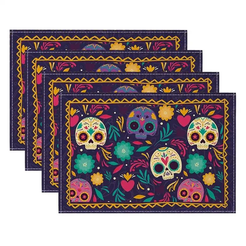 Halloween Placemats Set Of 4 Chrysanthemum Skull Kitchen Table Mats Seasonal Table Mats 4pcs Kitchen Halloween Decoration Table