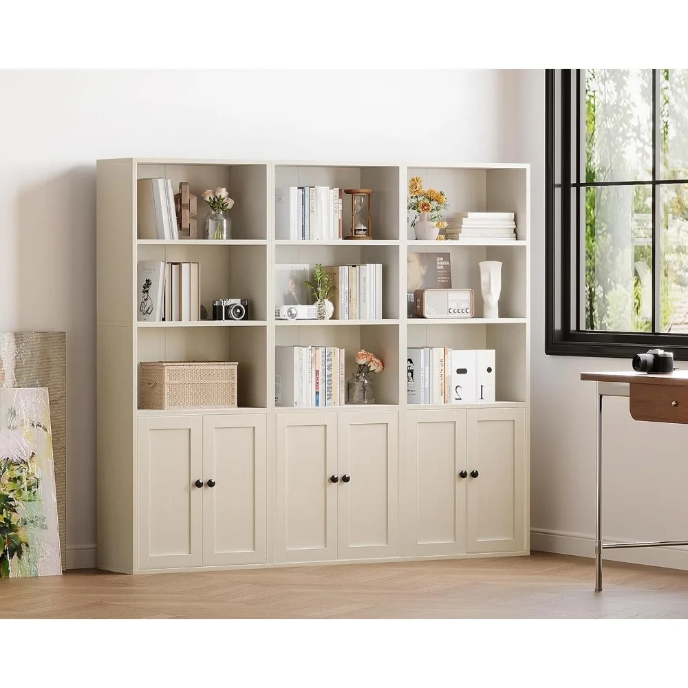 Bodenstehendes 5-stufiges hohes Bücherregal mit Türen, Aufbewahrungsregale für das Heimbüro, platzsparendes Bücherregal für Bücher und Dekoration