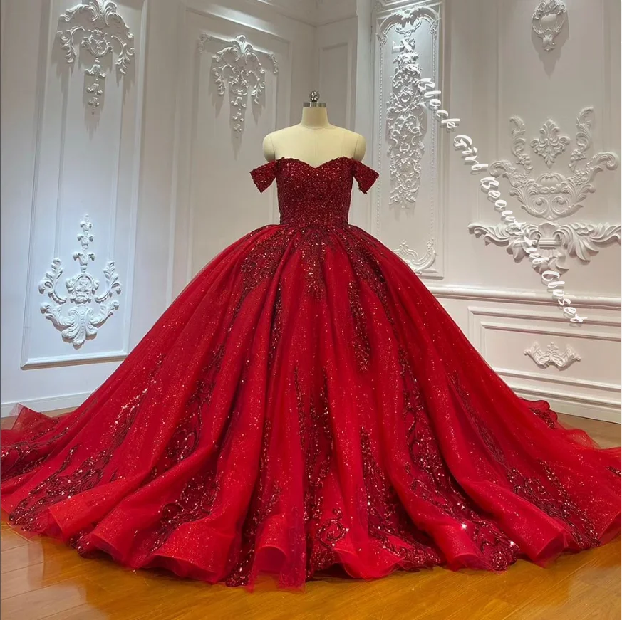 

Красное Королевское Платье-футляр, платья 15 Quinceanera 2024, Блестящие Блестки, аппликация, оборки, тюль, принцесса, элегантная вечерняя пачка