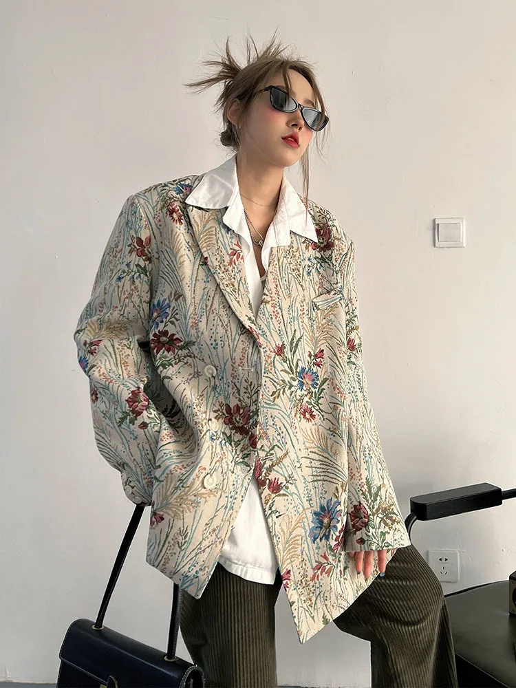 Women Blazer Color Matching Printin Loose Women Blazers And Jackets Vintage Leisure Long Oversized Suit Coats Women 2023