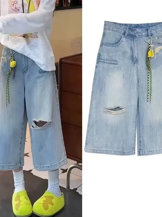 

High Waist Loose Fit Denim Shorts for Women Summer New Style Vintage Ripped Straight Leg Wide Leg Pants Casual Cotton Zipper