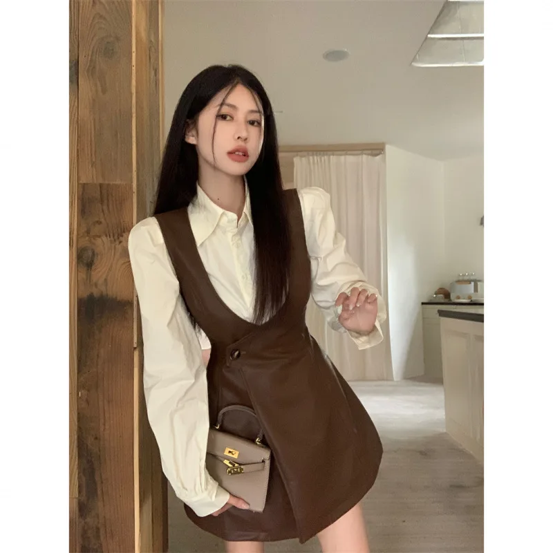 

Autumn2024New Women's SuitpoloCollar Long Sleeve ShirtPULeatheraWord Vest Dress Two-Piece Suit Fashion
