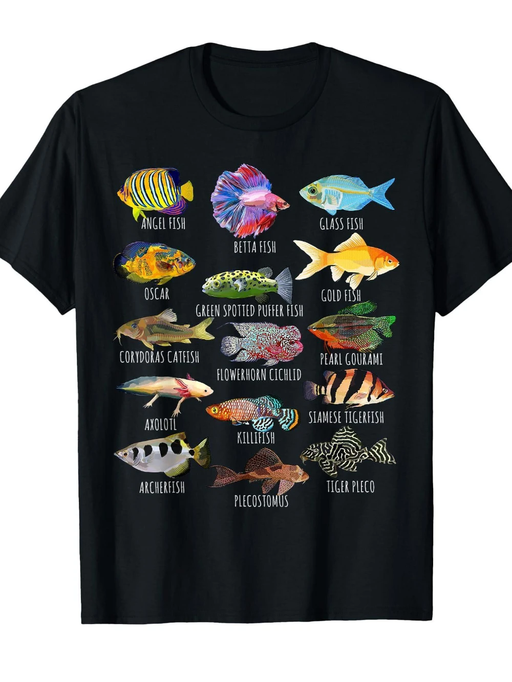 Camiseta Negra para Hombre, Amante de los Acuarios, con Diseño de Pez Angelfish, Betta, Cichlids, Goldfish, Tetras, Camiseta de Algodón Suave para Pesca Deportiva
