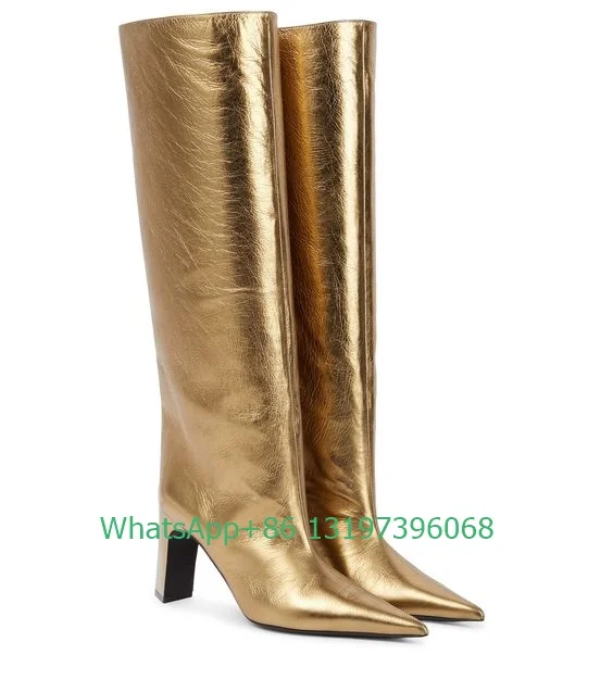 Lady metallic golden design knee boots pointed toe shaped heel boots gold color PU  footwear size 46 T SHOW dress daily boots