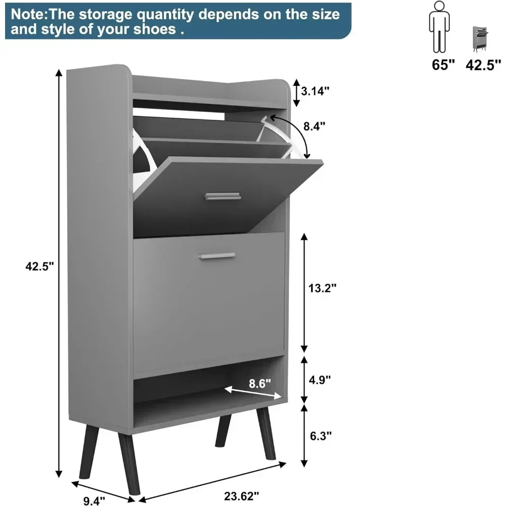 Shoe Cabinet for Entryway, with 2 Flip Drawers Narrow Shoe Rack Cabinet with Storage Shelf and Top Cubby Shoe Cabinet with Door